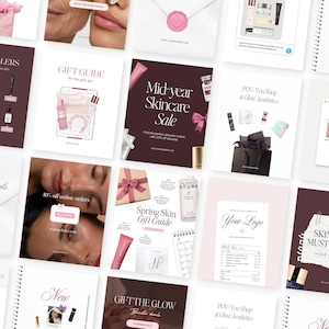 Op de afbeelding: Een verzameling promotiematerialen voor huidverzorgingsproducten, waaronder brochures, cadeau gidsen en sale aankondigingen. Het kleurenpalet is voornamelijk roze, wit en bruin, met afbeeldingen van huidverzorgingsartikelen en modellen.