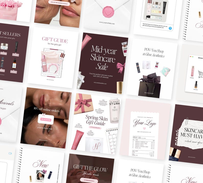 May include: A collection of promotional materials for skincare products, including brochures, gift guides, and sale announcements. The color palette is primarily pink, white, and brown, with images of skincare items and models.