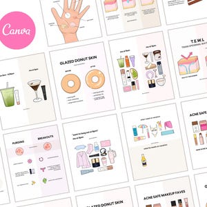 May include: A collection of illustrated skincare and beauty guides. The images include diagrams on topics like skin conditions, routines, and product recommendations. The Canva logo is visible in the upper left corner.