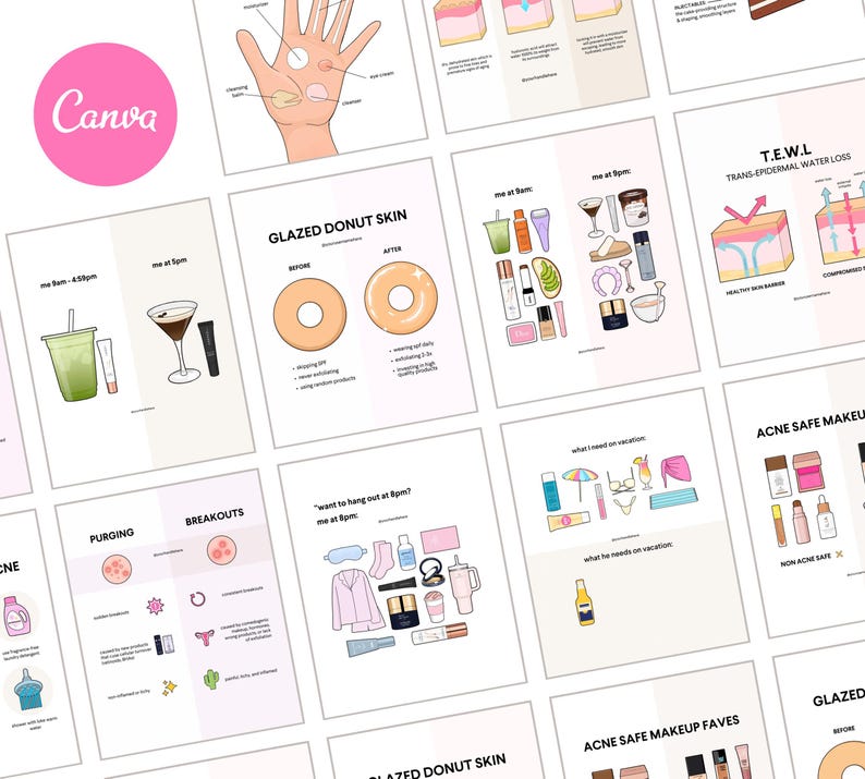 May include: A collection of illustrated skincare and beauty guides. The images include diagrams on topics like skin conditions, routines, and product recommendations. The Canva logo is visible in the upper left corner.