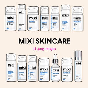 May include: A collection of Mixi Skincare products, including Clear Plex, Hydroxi, and Mandelic acid solutions, displayed on a light beige background. The products are in white bottles with black text and labels. The image also includes the text "MIXI SKINCARE" and "14 .png images."