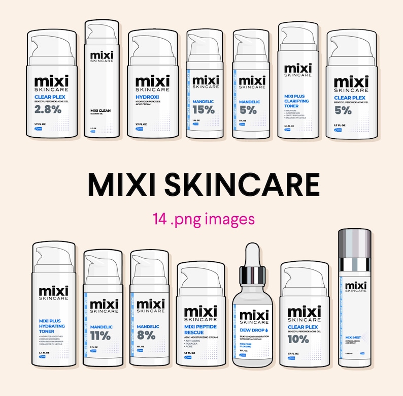 May include: A collection of Mixi Skincare products, including Clear Plex, Hydroxi, and Mandelic acid solutions, displayed on a light beige background. The products are in white bottles with black text and labels. The image also includes the text "MIXI SKINCARE" and "14 .png images."
