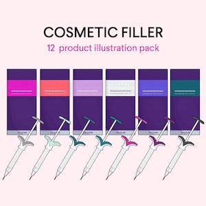 May include: Twelve illustrations of cosmetic filler products in purple boxes with different colored labels. Each box has a syringe with a needle attached to it. The syringes are filled with a clear liquid. The text on the boxes reads "2x1.0mL".