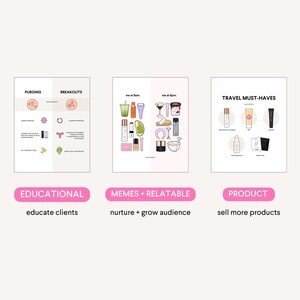 May include: Three illustrated posters with text. The first poster discusses purging and breakouts. The second poster is titled "me at 8pm" and "me at 9pm". The third poster is titled "TRAVEL MUST-HAVES". Below the posters are pink banners with text.