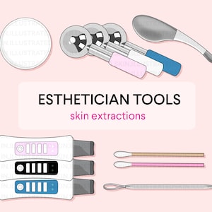 Può includere: Illustrazione di strumenti per estetiste per estrazioni cutanee. L'immagine include vari strumenti come pulitori ultrasonici per la pelle, estrattori di comedoni e cotton fioc. È presente anche il testo "ESTHETICIAN TOOLS skin extractions".