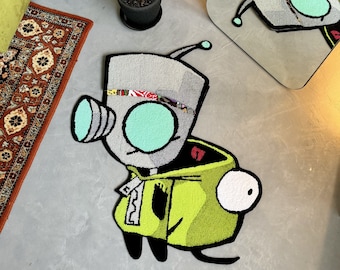 Tufted Cartoon Rug, Invader Character Rug, Alien Home Decor, Tufted Green Rug, Custom Alien Home Decor Rug