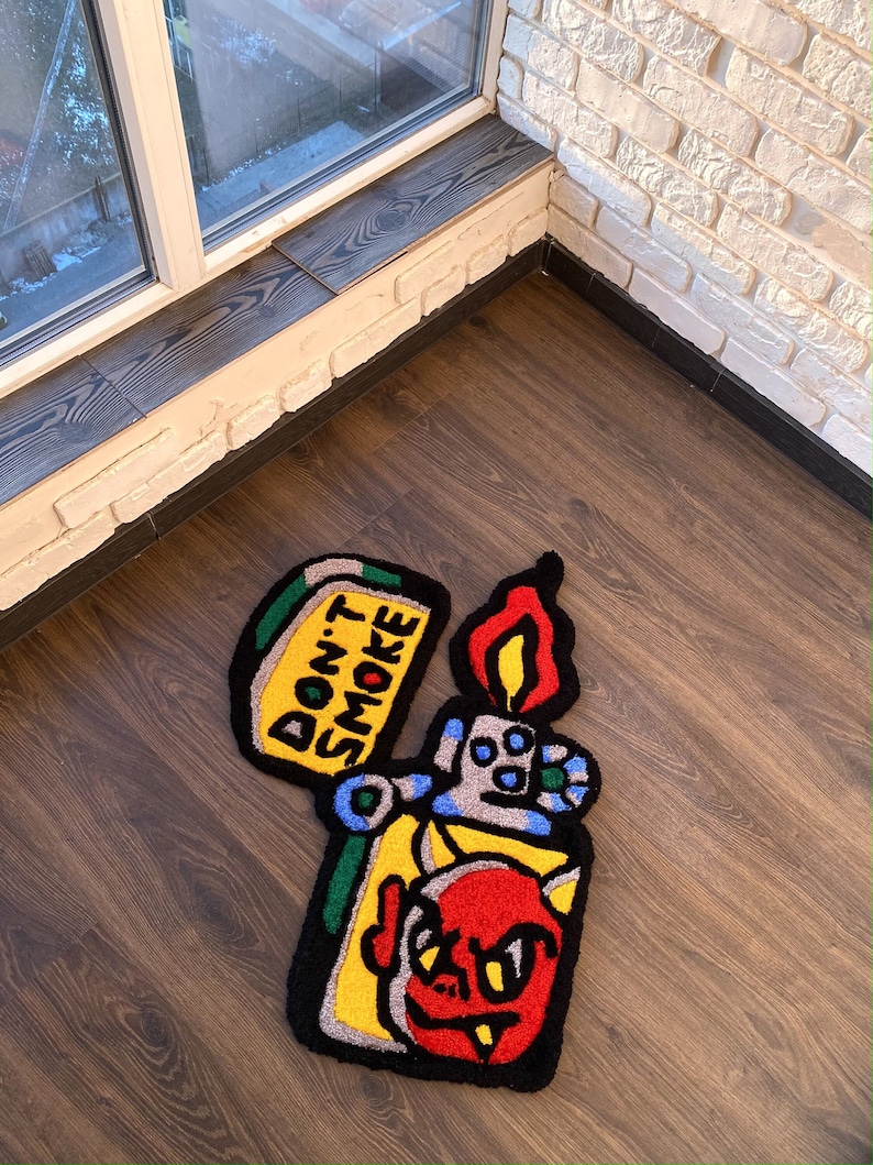 Cigarette lighter Multicolor Living Room Area Tufted Rug With Inscription Don't Smoke