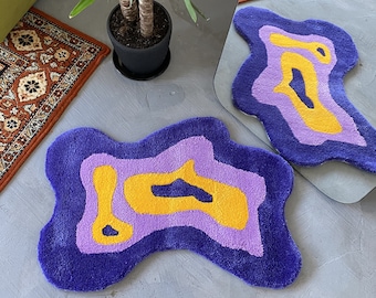 Alfombra de dormitorio púrpura moderna de baño de forma abstracta, ¡lista para enviar! Alfombra estética personalizada con mechones, alfombra de piso para sala de estar, regalo para el nuevo hogar