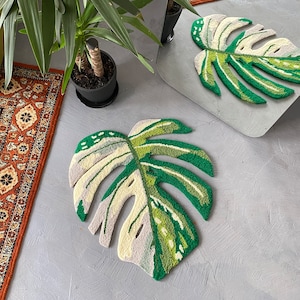 Monstera leaf white moss Rug, Plant leaf bedroom aesthetic decor, Living room floor mat, Non-slip rug, Gift idea, Aesthetic rug