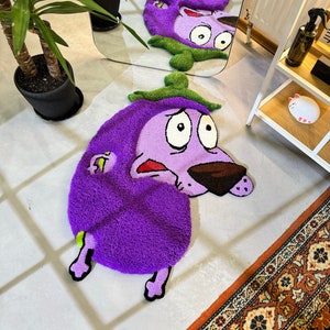 Tufted Lila Aubergine 3D Teppich, Niedlicher Cartoon Hund Teppich, 3D Moos Teppich, Handgemachte Bodenkunst, Getufteter Teppich, Gelber Teppich, Blumen Moos Teppich