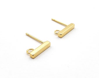 Stainless Steel Bar Stud Earring Findings with Loop, Rectangle Shaped Gold Plated Supplies