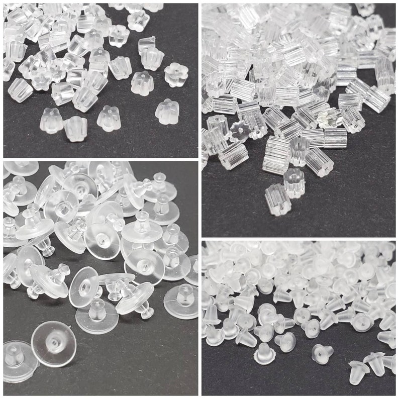 May include: A close-up image of a variety of clear plastic earring backs. The backs are in different shapes and sizes, including round, oval, and teardrop. The backs are designed to be used with stud earrings to help keep them in place.
