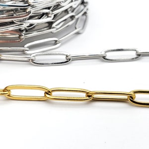 Peut inclure: Gros plan de deux chaînes à maillons ovales allongés. Une chaîne est argentée et l'autre dorée. Les chaînes sont présentées sur fond blanc, soulignant leur éclat métallique et leur design.