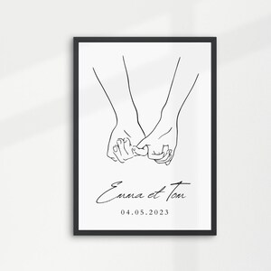 Afiche de pareja personalizado - Afiche de boda - Afiche personalizado - Ilustración de manos entrelazadas - Regalo personalizado para él