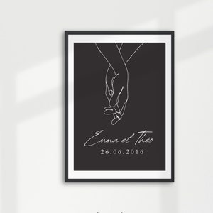Cartel de pareja personalizado - Cartel de fecha de pareja - Cartel de nombre de pareja - Idea de regalo de pareja - Ilustración de pareja - Manos entrelazadas