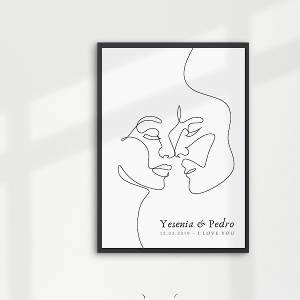 À personnaliser, cadeau pour couple avec date de rencontre prénoms message et illustration de visages abstraits en lignes noires (line art)