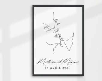 Personalized couple poster - Couple meeting date poster - Couple first name poster - Kissing couple line illustration