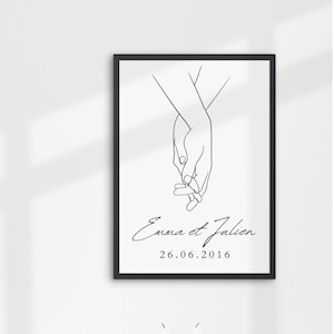 Cartel de pareja personalizado - Cartel de fecha de pareja - Cartel de nombre de pareja - Idea de regalo de pareja - Ilustración de pareja - Manos entrelazadas