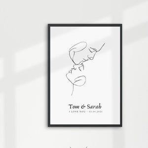 CARTEL DE PAREJA PERSONALIZADO con nombres, fecha y mensaje, arte lineal abstracto minimalista, idea de regalo de boda, regalo para novio navidad