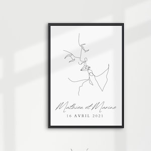 Póster de pareja personalizado - Póster de fecha de reunión de pareja - Póster de nombre de pareja - Ilustración de línea de pareja besándose