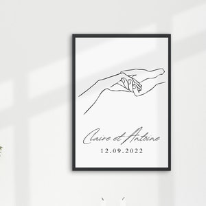 Regalo para invitados de boda - Póster de pareja personalizado con nombres y fecha - Ilustración de línea minimalista de manos entrelazadas - Premium