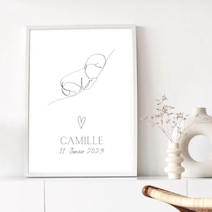 Pôster de nascimento personalizado - Ilustração minimalista de bebê em linha com nome e data de nascimento - Presente de nascimento