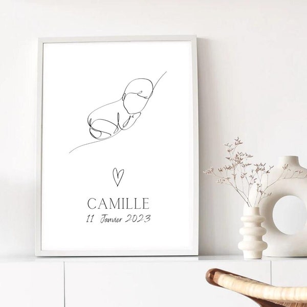 Personalized birth poster - Minimalist line baby illustration with first name and date of birth - Birth gift