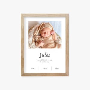 Cadeau naissance personnalise, cadre photo naissance fille garçon avec prénom taille poids heure, affiche naissance personnalisée