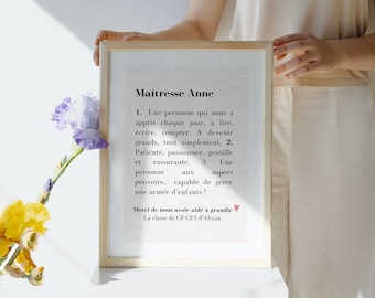 A personnaliser - Affiche définition maîtresse - Cadeau maîtresse - Remerciement fin année - Merci maîtresse - Cadre maîtresse - Moderne