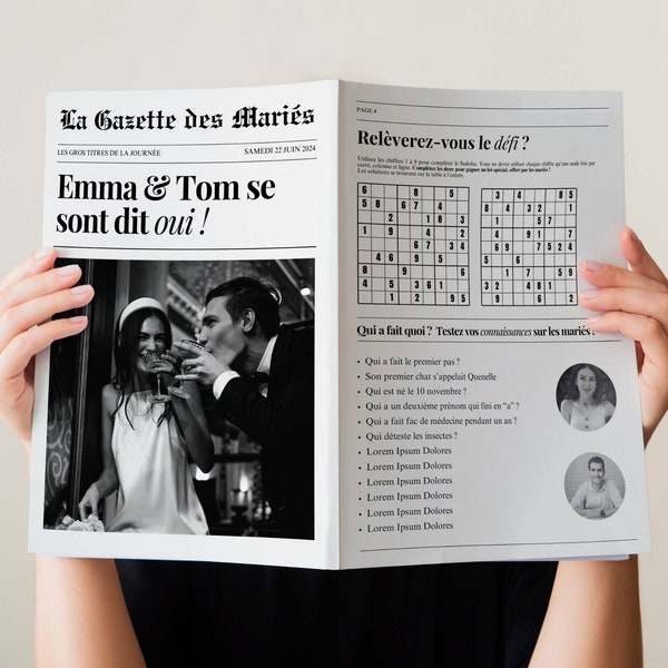 La Gazette des Mariés, 4 pages, à personnaliser et imprimer soi-même. Programme de mariage, cadeau de mariage invités, jeux mariage, journal