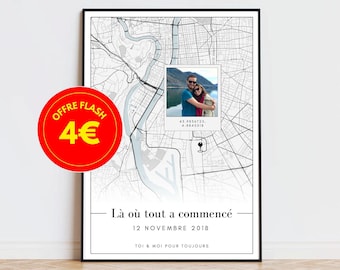 Poster date and meeting place, GPS coordinates (city) and photo, where it all began, personalized couple gift - PDF to print, 24 hours