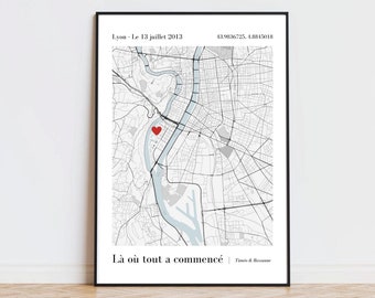 Affiche date et lieu de rencontre avec cordonnées GPS (ville) - Là où tout a commencé - Cadeau saint valentin - Affiche couple personnalisée