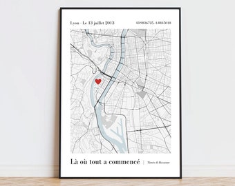 Poster met datum en locatie van de ontmoeting met GPS-coördinaten (stad) - Waar het allemaal begon - Valentijnscadeau - Gepersonaliseerde poster voor koppels