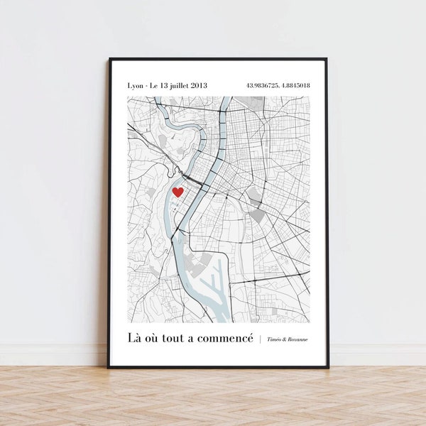 Póster de fecha y lugar de encuentro con coordenadas GPS (ciudad) - Dónde empezó todo - Regalo de San Valentín - Póster de pareja personalizado