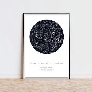 Affiche carte du ciel étoiles et constellations, date et coordonnées GPS - Couple première rencontre - Cadeau Saint Valentin, affiche couple