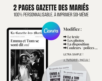 The Married Gazette, 2 pages, to personalize and print yourself. Wedding program, wedding gift for guests, wedding games, newspaper
