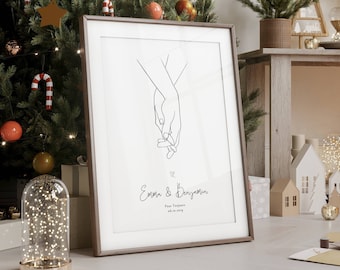 Gepersonaliseerde poster voor stellen, poster voor een stel, gepersonaliseerd cadeau voor een stel, cadeau voor een man, kerstcadeau voor een stel, handen, minimalistische lijst