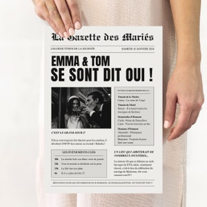 The Gazette des Mariés, 2 pages, to personalize and print yourself. Wedding program, wedding guest gift, wedding games, newspaper