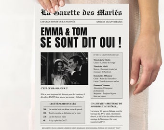 The Gazette des Mariés, 2 pages, to personalize and print yourself. Wedding program, wedding guest gift, wedding games, newspaper