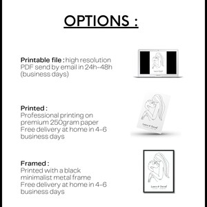 May include: A digital illustration of a couple embracing, with the text "Laura & David" below. The image is available as a printable file, a printed version on premium paper, or a framed print with a black minimalist metal frame.