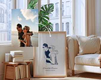 Gepersonaliseerd paarportret, met de hand geïllustreerd｜Kerstcadeau voor hem｜Gepersonaliseerd cadeau voor hem｜Gepersonaliseerde paarposter