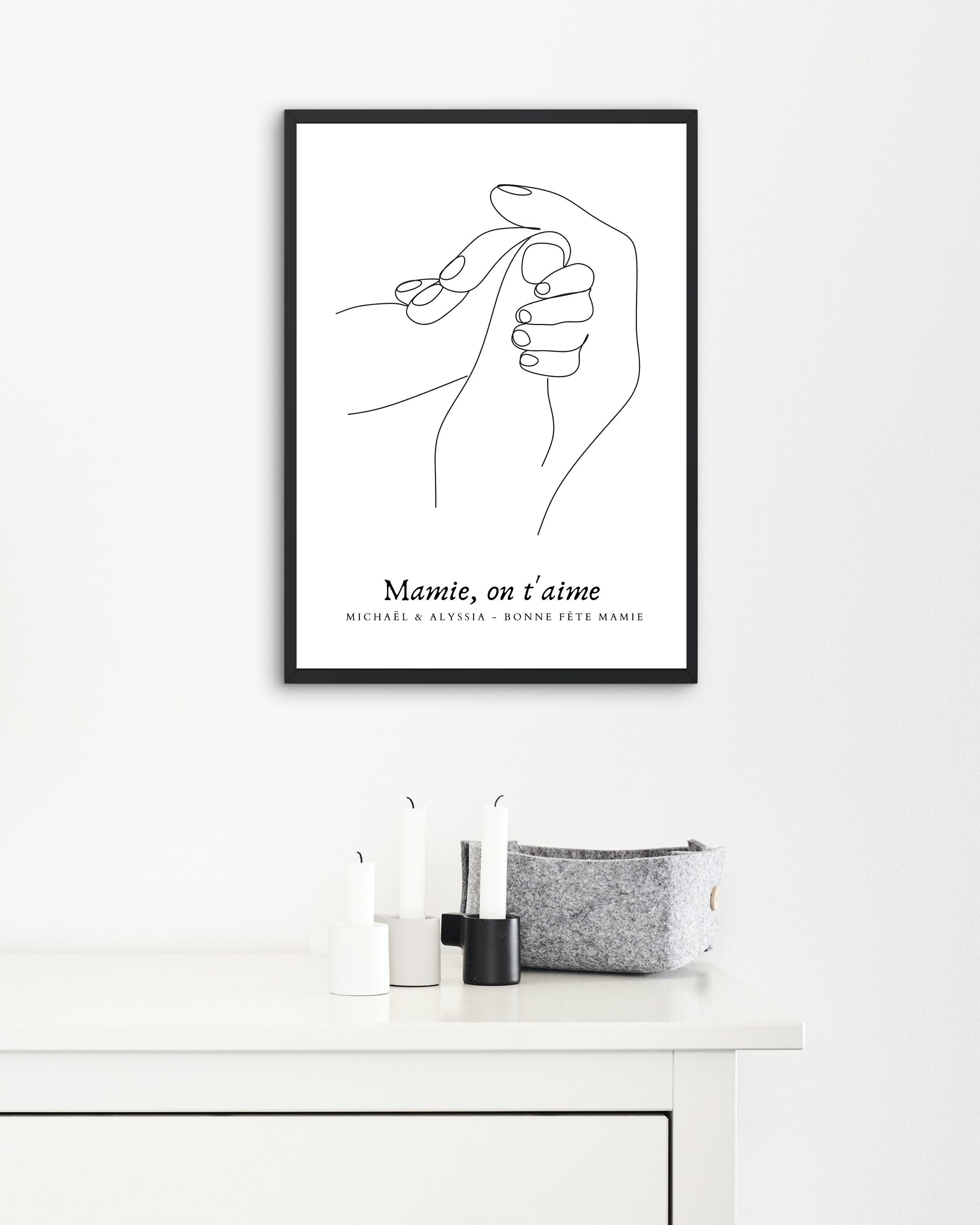 Cadeau Grand Mère, Illustration de Mains avec Message Personnalisé et Prénoms. Affiche Famille, Affi