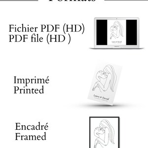 May include: A digital illustration of a couple embracing, with the text "Laura & David" and the date "12.03.2014" below. The image is available in digital PDF format, as a print, or framed.