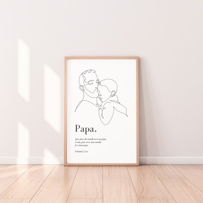 K&ouml;nnte beinhalten: Eine Schwarzwei&szlig;-Zeichnung eines Vaters und Kindes, die sich umarmen. Unter der Zeichnung steht der Text "Papa", gefolgt von einem Zitat auf Franz&ouml;sisch: "Aux yeux du monde tu es un papa, A mes yeux tu es mon monde, Je t'aime papa.  Proverbe (c) 161."