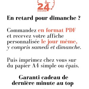 K&ouml;nnte beinhalten: Eine rote Uhr mit der Zahl 24 und dem Wort "HOURS" darunter. Der Text "En retard pour dimanche?" befindet sich &uuml;ber der Uhr. Der Text unter der Uhr lautet "Commandez en format PDF et recevez votre affiche personnalis&eacute;e le jour m&ecirc;me, y compris samedi et dimanche. Puis imprimez chez vous sur du papier A4 simple ou &eacute;pais. Garanti cadeau de derni&egrave;re minute au top ♡".