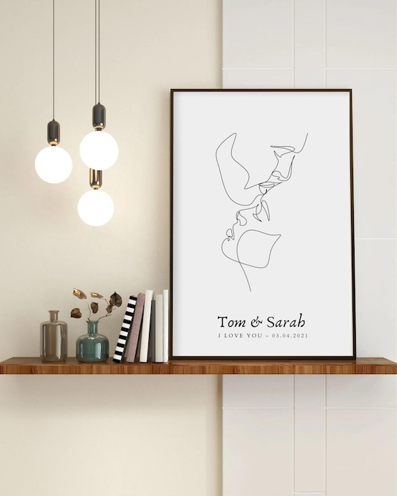 CUSTOM COUPLE POSTER with names date and message, minimalist abstract line art, wedding gift idea, gift for boyfriend christmas