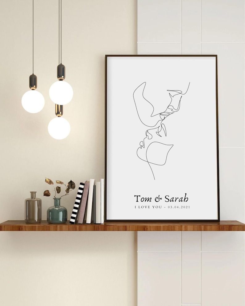 CUSTOM COUPLE POSTER with names date and message, minimalist abstract line art, wedding gift idea, gift for boyfriend christmas image 1