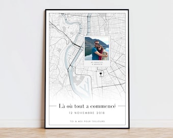 Poster met datum en locatie van de bijeenkomst, GPS-coördinaten (stad) en polaroidfoto - Waar het allemaal begon - Gepersonaliseerd cadeau voor koppels