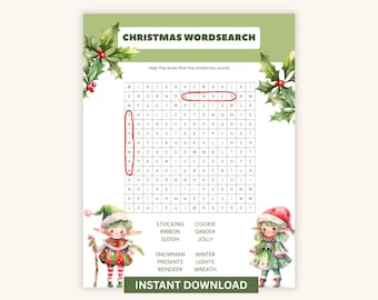 May include: A Christmas-themed word search puzzle with a green border and holly accents. The puzzle includes words like "ginger" and "snowman." Two elf illustrations flank the puzzle, and the words "Instant Download" are at the bottom.