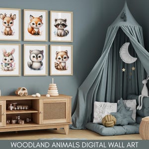 Woodland Creatures Nursery Art Set of 6 Animal Prints - Baby Room Decor Instant Download Wall Art Owl Deer Fox Bunny Squirrel Raccoon